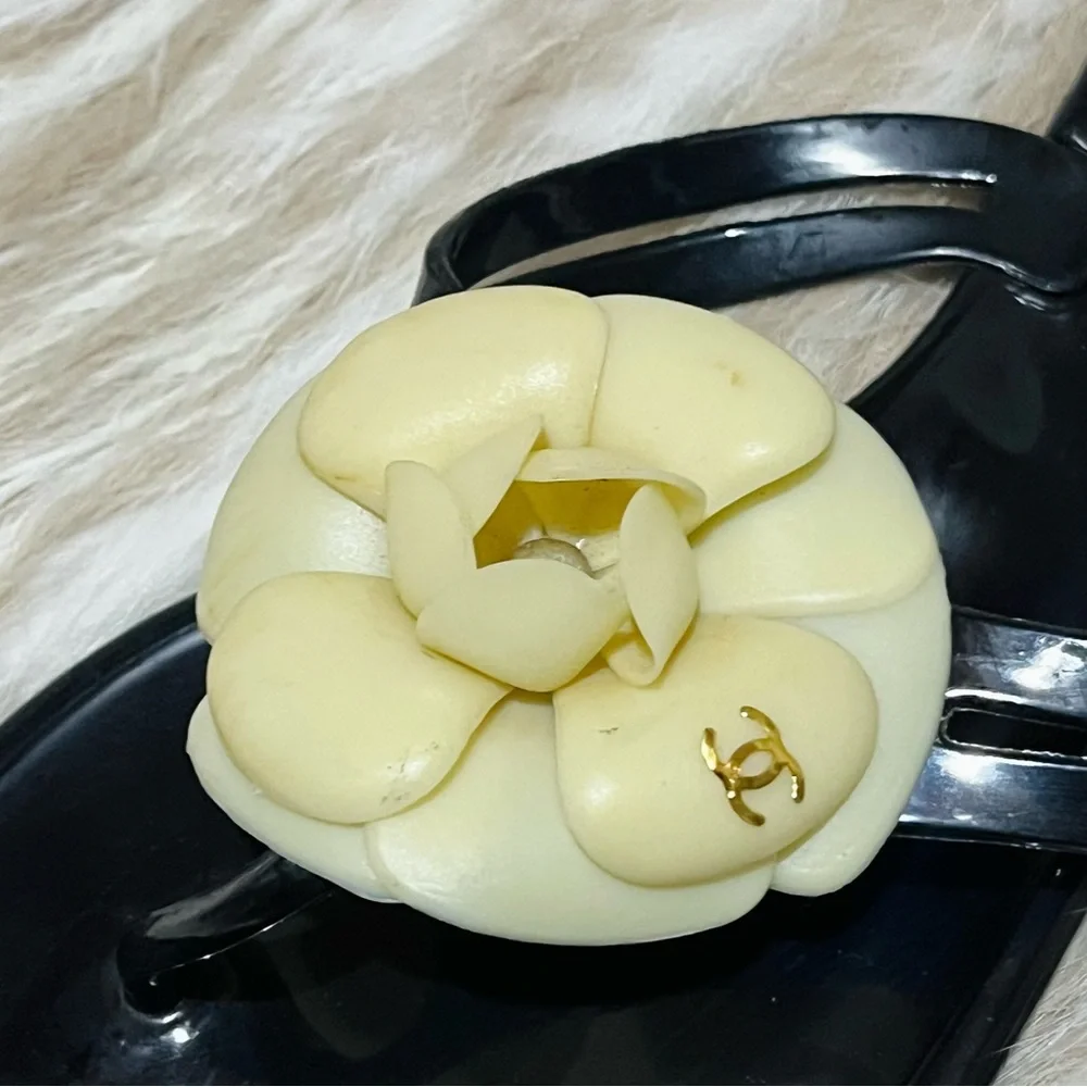 Chanel Camellia CC Logo Black Ivory Jelly Flat Sandals